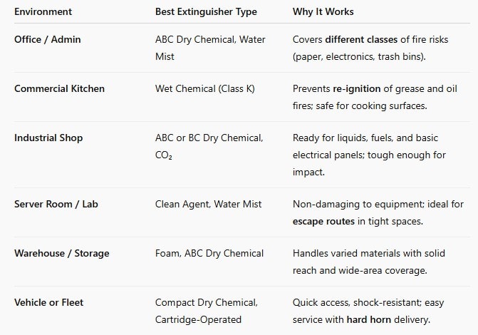 Quick chart for fire extinguishers